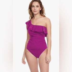 Gottex Profile Size 8 One-Shoulder Ruffle Top and High Waist Ruched Bottom: 2 pc